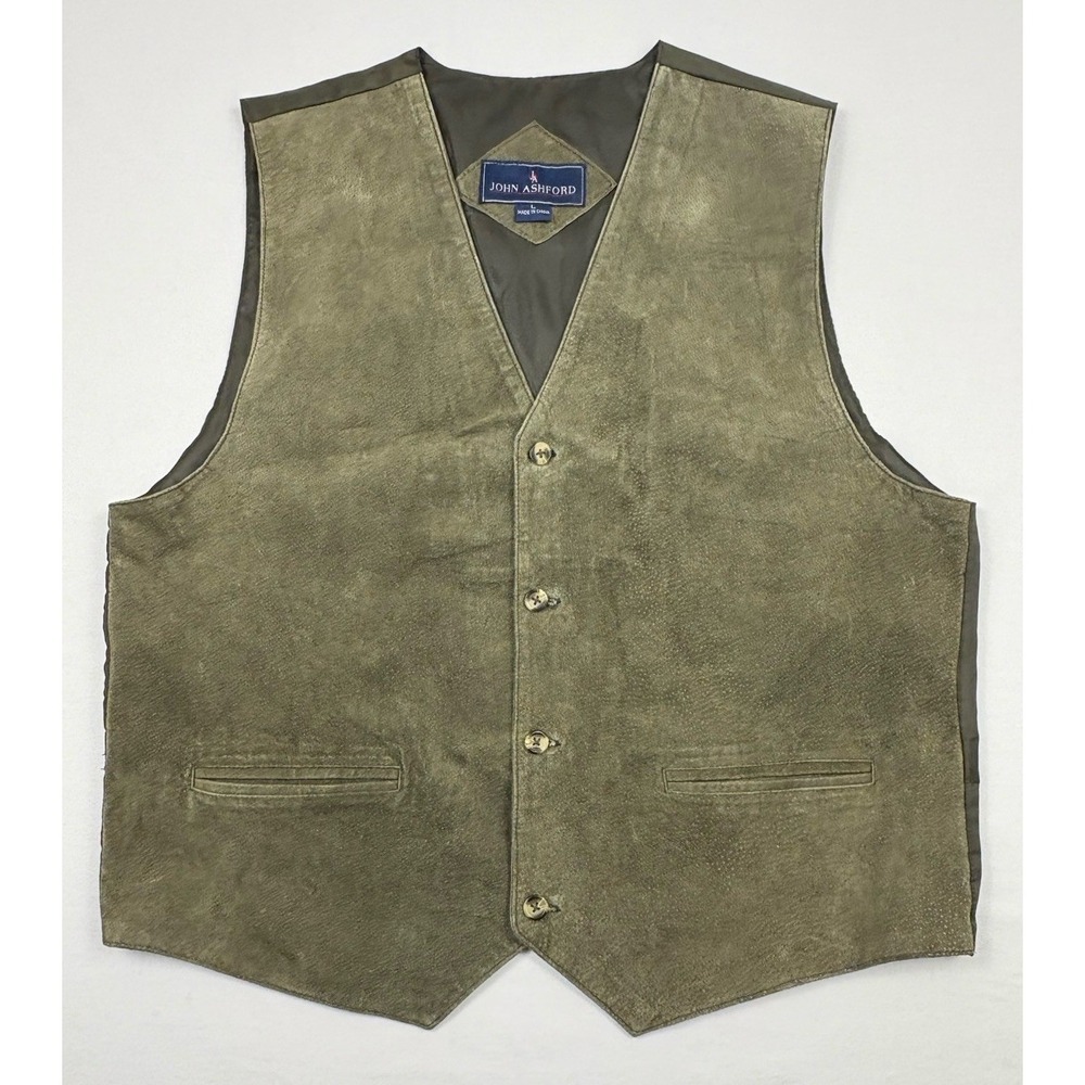 Lot of 2 - VTG 90s John Ashford Suede Leather Vest Olive Green /Taupe-Beige L